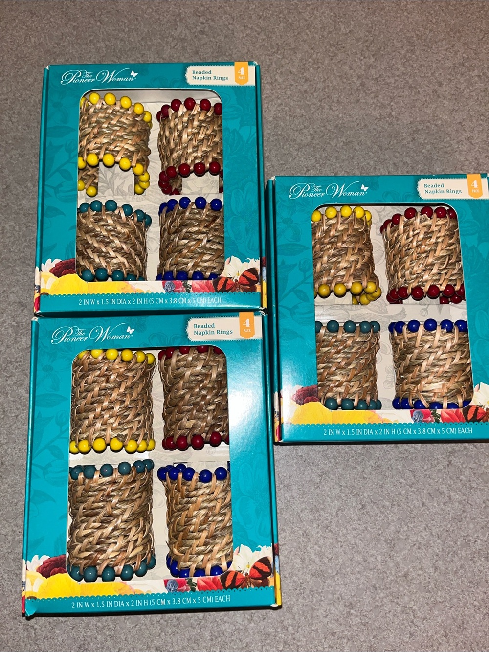 The Pioneer Woman Beaded Napkin Ring Set Natural Material 4 Colors 3 NEW BOXES!!